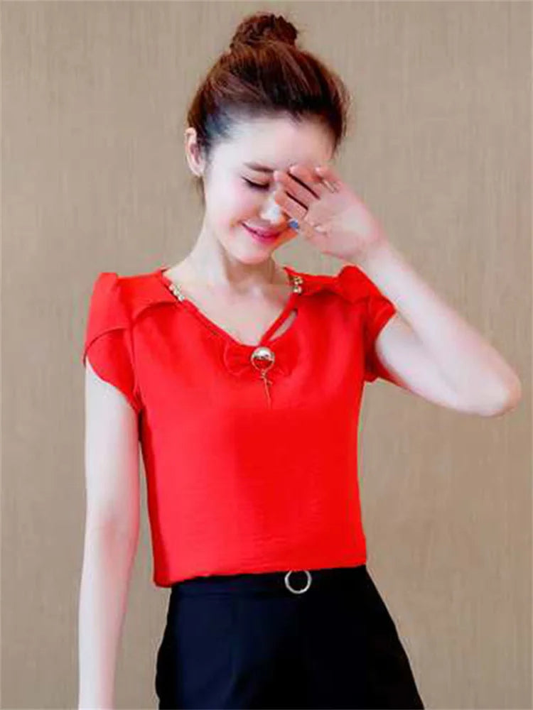 ’s Tops Chiffon Blouse Short Sleeve Summer Blusas Woman Shirt Blouses Female Top Tee Df2584