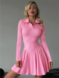 Long Sleeve Pleated Knit Mini Dress for Robe Autumn Winter New Lapel High Waist Knitted Sweater Dress