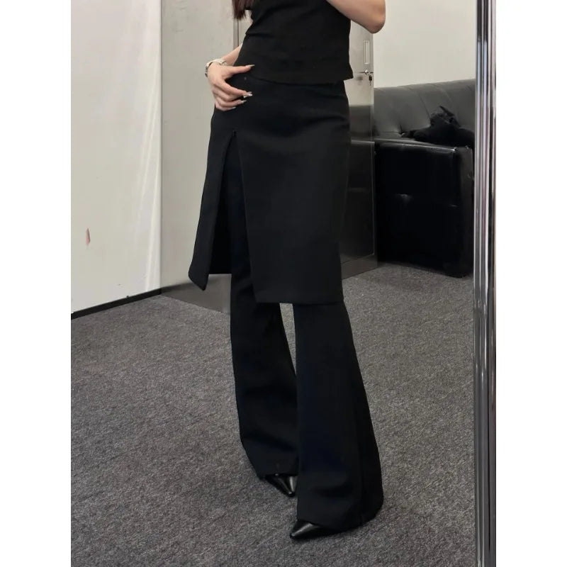 Fake Twopiece Slim Wide Leg Pants Spring New Korean High Waist Pleated Skirt Splicing Knit Pants