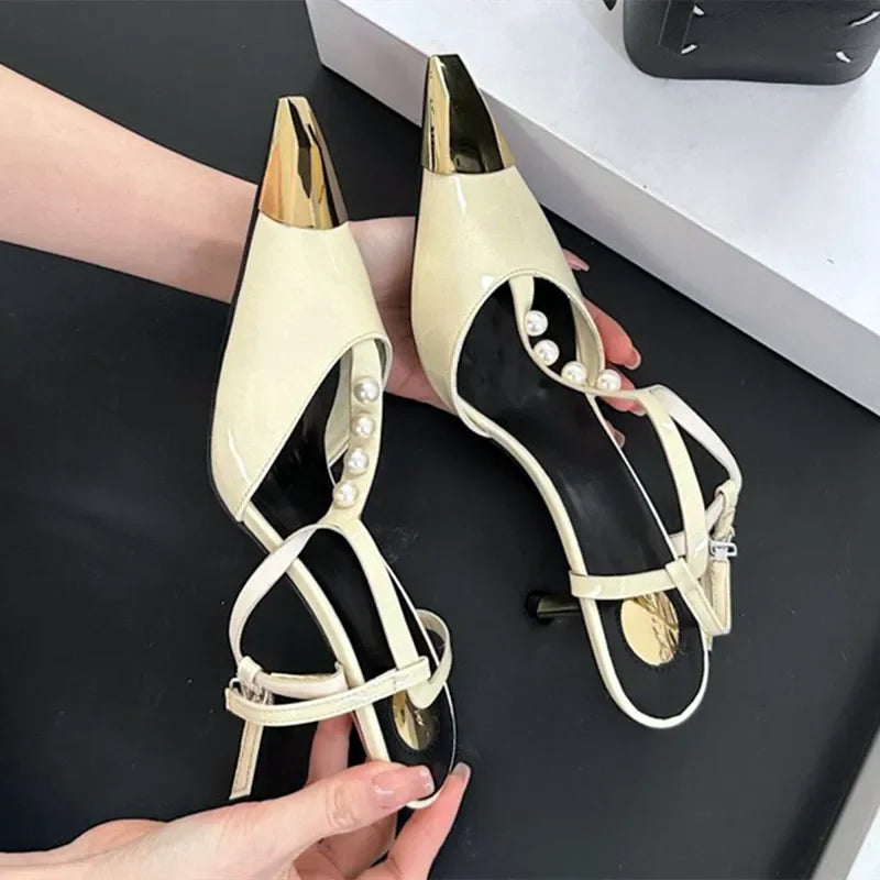 Metal Pointed Toe Stiletto Sandal Pearls Strap Buckle Designer High Heels Party Prom Shoes Summer Pumps