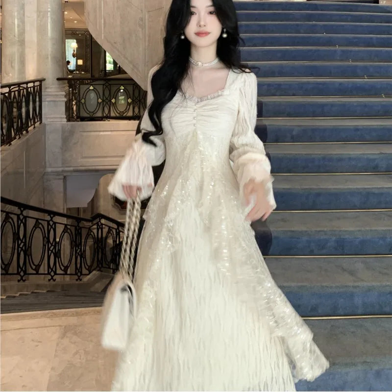 Autumn Winter New Midi Dresses for Lace Ruffles Flare Sleeve Aline Birthday Party Dress Korean Vestidos Mujer