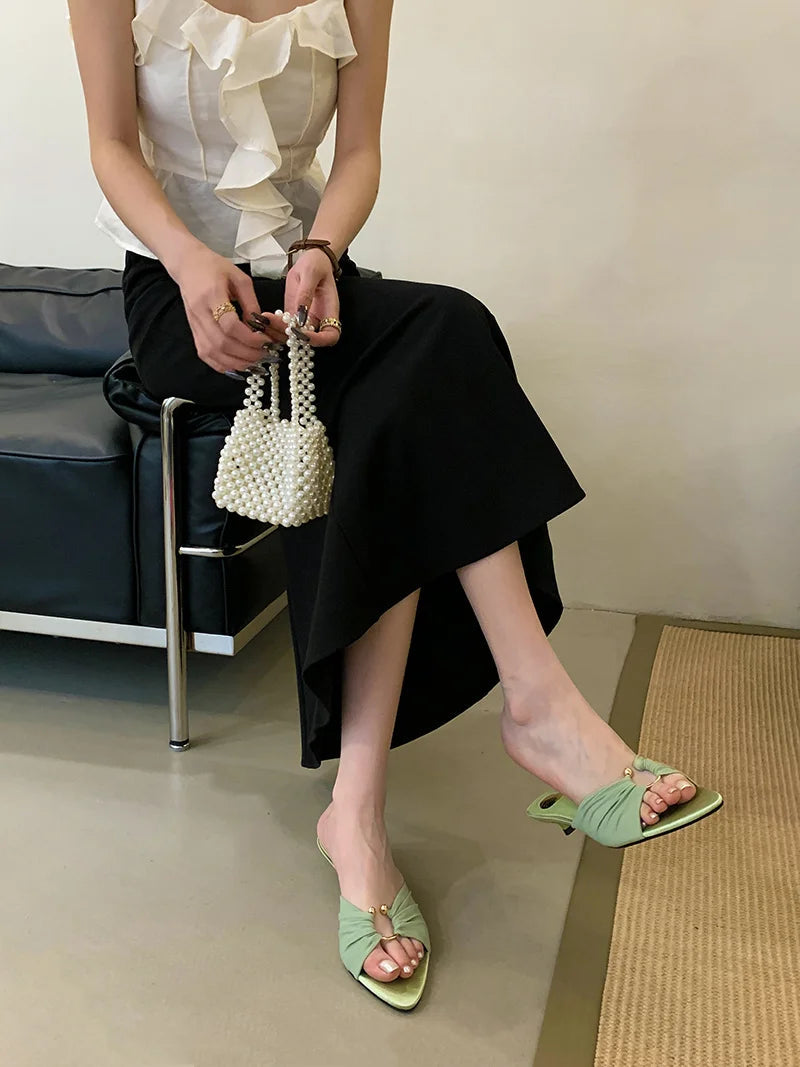 Pleated Silk Hollow Out Metal Buckle Slippers Sandal Summer Pointed Toe Low Thin Heels Beach Party Female Shoes