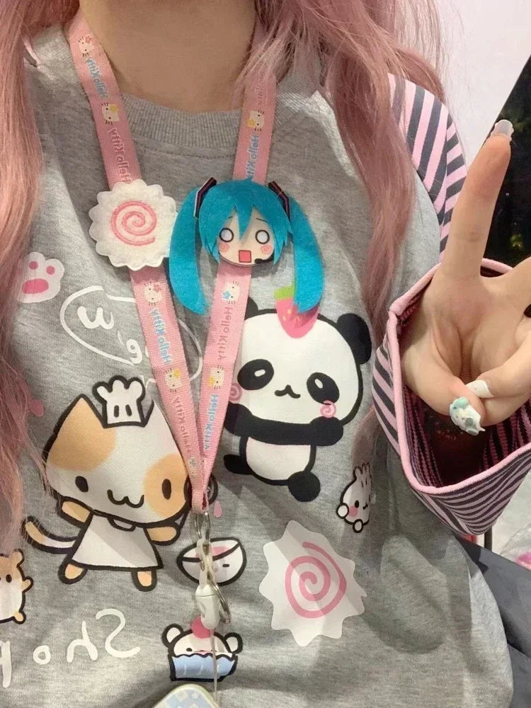 Harajuku Stripe T Shirt E-girl Kawaii Chinese Panda Graphic T-shirts Cutecore Cartoon Raglan Sleeve Clothes Autumn