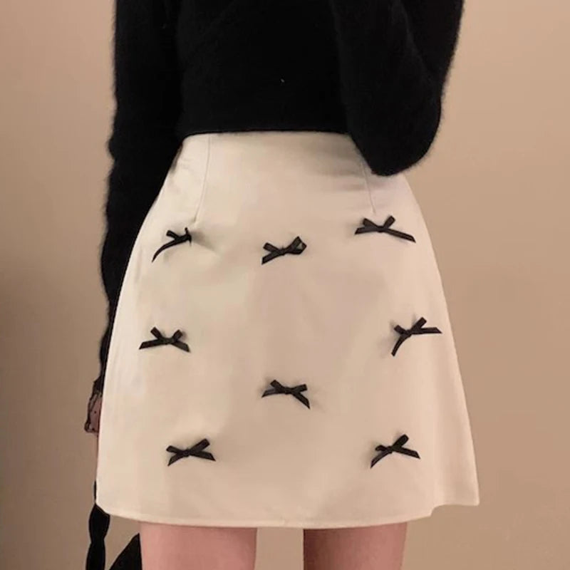Korean Contrast Color Bow Splicing Aline Skirt Spring New High Waist All Match Velvet Mini Skirt