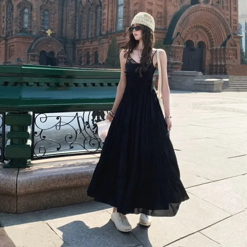 French Lace Spliced Black Slip Dress Summer New High End Sleeveless Waist Slimming Aline Long Dress for