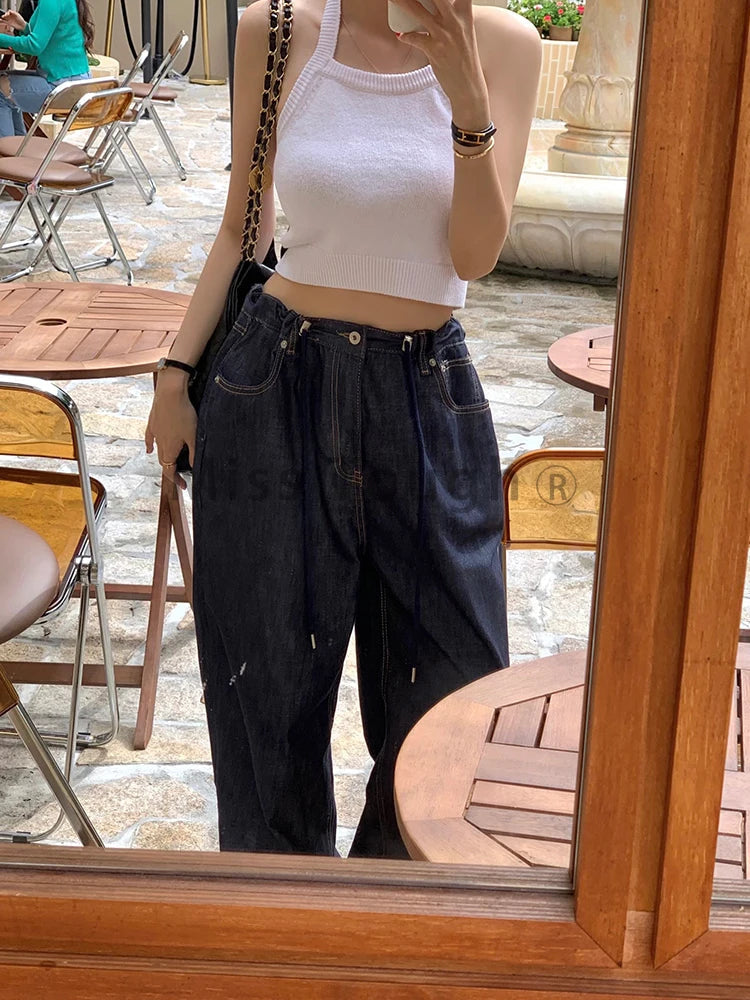 Korea High Waist Jeans New Drawstring Loose All Match Trousers Blue Design Wide Leg Pants Autumn