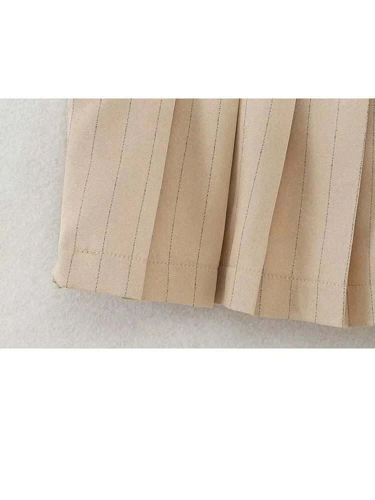 Summer Woman Stripe Slim Mini Skirts Side Zipper Stripe Skirt Low Waist Pleated Skirt With Lining Shorts
