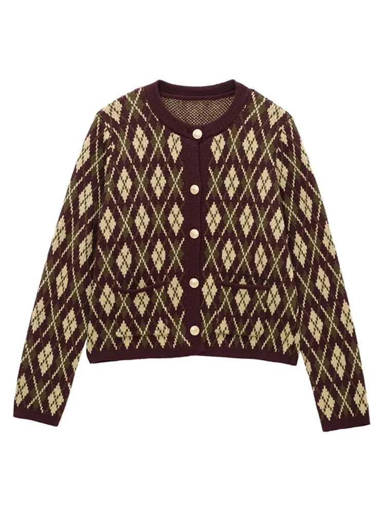 Check Plaid Knitted Cardigans Single Breasted Loose Sweaters Long Sleeve Coats Winter Lady Tops