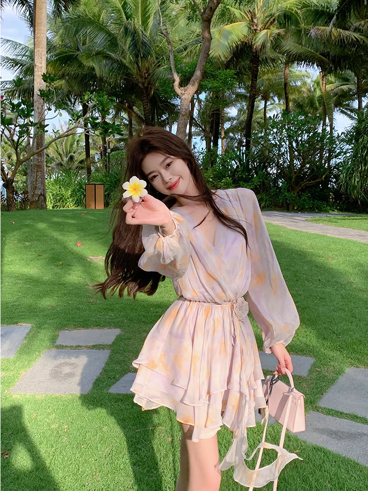 Summer New Sweet Chiffon Mini Dress Beach Party Vneck Mini Dress One Piece Dress Korean Clothing