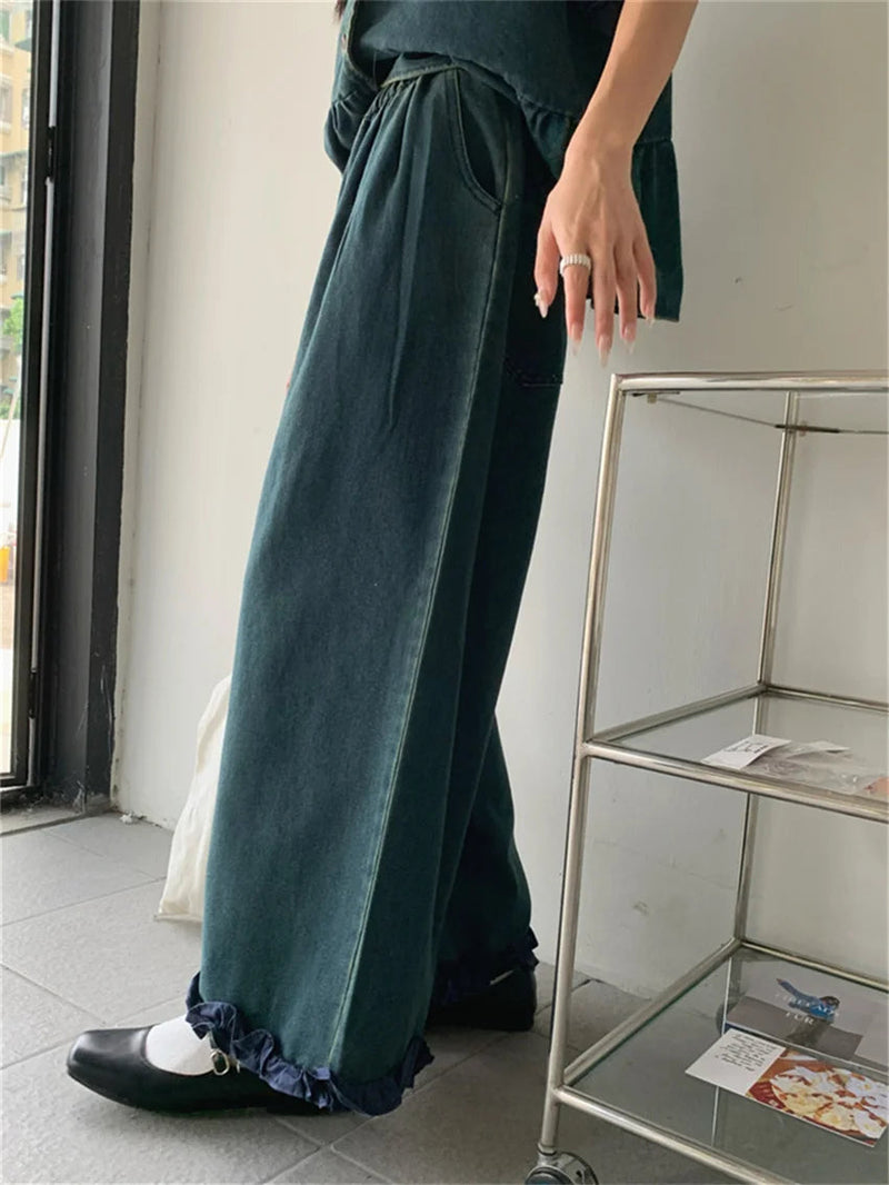 Sweet Denim Vest Coats Loose Wide Leg Jeans Sets Office Lady High Street Summer Suits