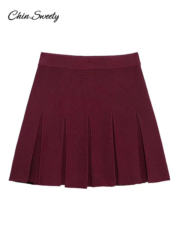 _ Skirts 2 Piece Set Burgundy Knitted Lapel Long Sleeve Button Cardigans Pleat High Waist A-line Skirt Lady Outfits