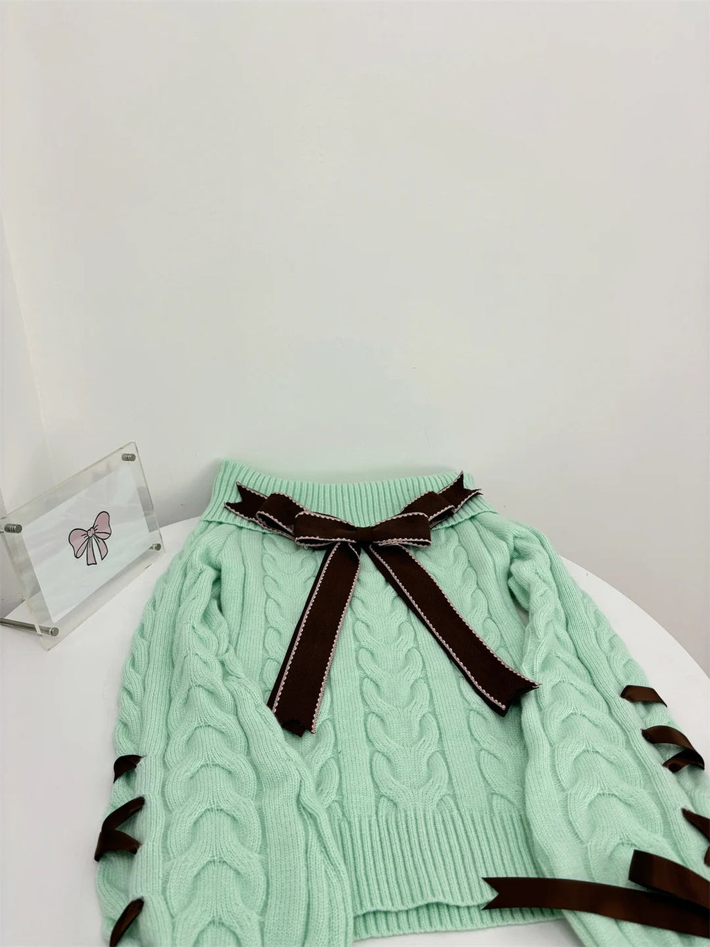 Sweet Hot Girl Retro Suit Autumn and Winter Bow Off Shoulder Sweater Plaid Aline Skirt Twopiece Set Female Clothes