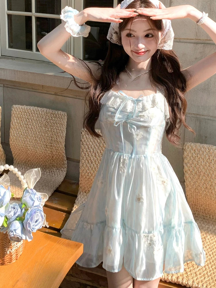 Beach Even Party Mini Dress Summer Sleeveless Kawaii Strap Dress Y2k Fairy Dress Japanese