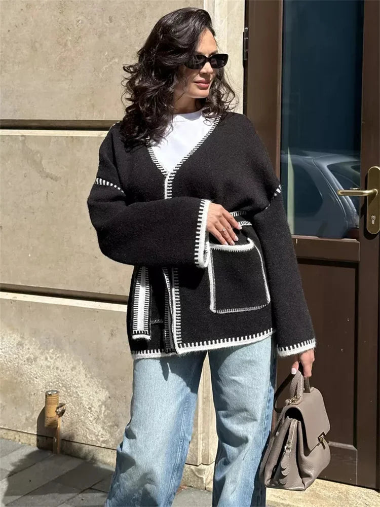 Knit Contrast Cardigan Sweater for Lace-up Pocket Long Sleeve Patchwork Loose Coat Autumn Knitwear ’s Outwear