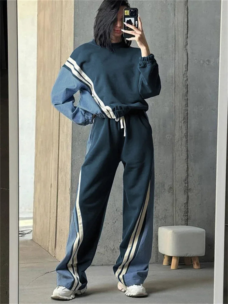 2 Piece-set Drawstring Trousers Contrast Lace-up Autumn Pullover and High Waist Pants Outfits Tracksuit