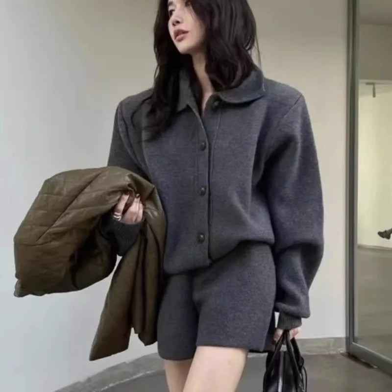 Autumn Winter New Two-piece Knitted Sets Single Breasted Sweater Top High Waist Shorts Korean Outfits Suit