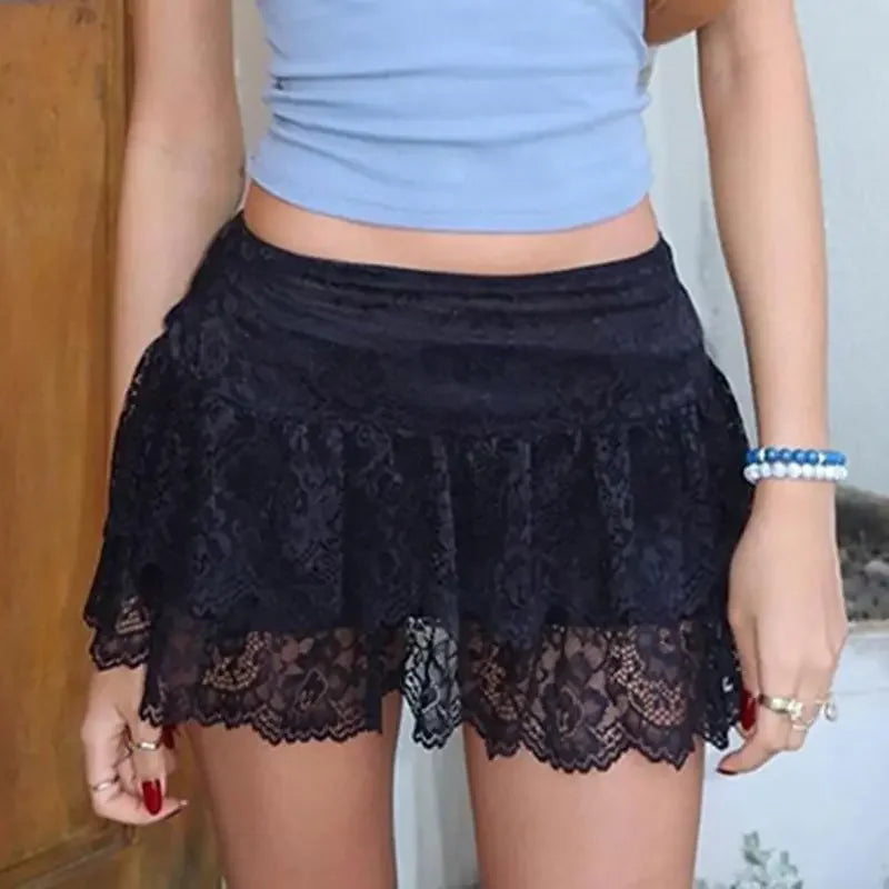 White Lace Hook Flower Ultra Short Mini Skirt for Summer Sweet Girl Anti Glare Low Waist Slimming Aline Short White Skirt
