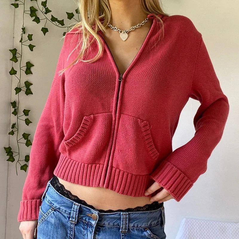 Brown Y2k Hooded Sweaters Autumn Winter Lantern Sleeve Zip Up Jacket Cardigan Knitted Hoodies Cropped Cardigan