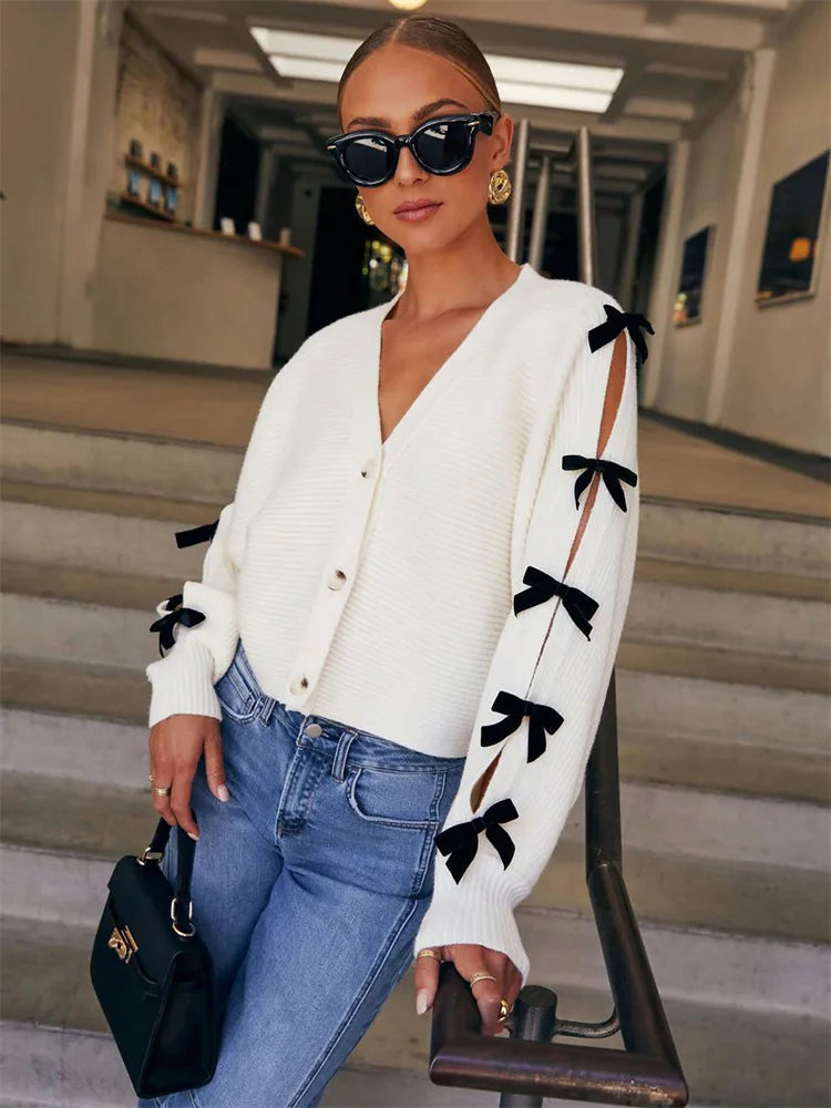 Tee Bow Knit Cardigan Sweater V-neck Ribbed Hollow Out Contrast Lace-up Knitwear Coat Female Outwear