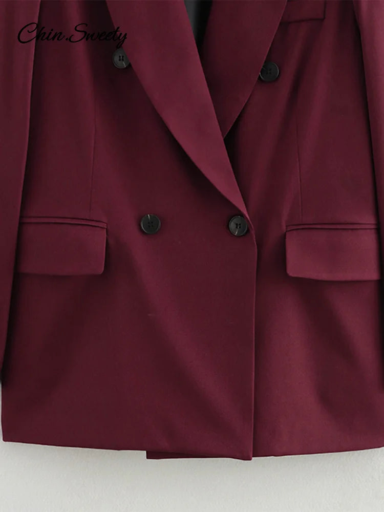 Burgundy Lapel Blazer Coat Double Breasted Full Sleeve Pocket Jacket Fall New Female Commute Outwear
