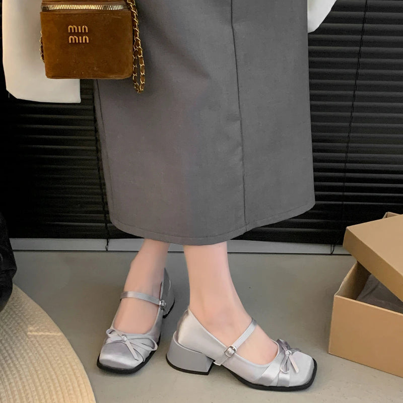 Pink Bow High Heels Spring and Summer New Squareheaded Silk Ribbon Buckle Single Shoes Shallow Thickheeled Shoes