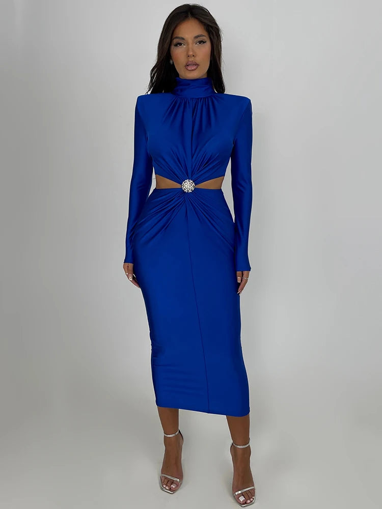 Hollow Out Maxi Dress for Autumn Winter New Turtleneck Long Sleeve Bodycon Club Party Evening Dress
