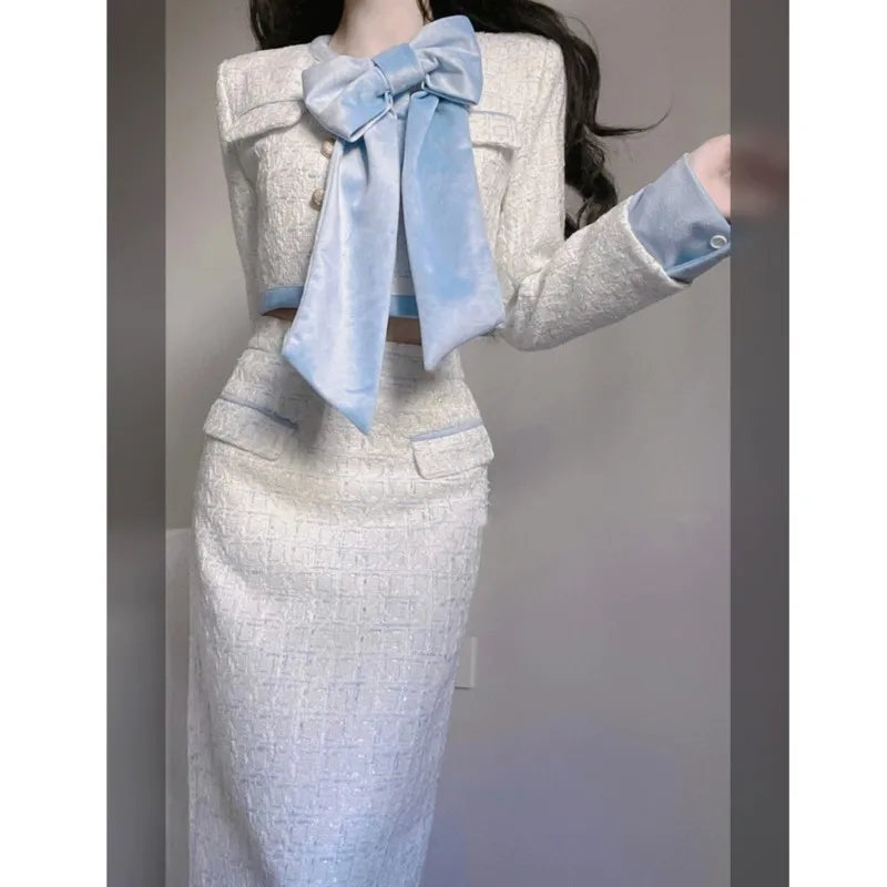 Autumn Winter New Korean Two-piece Skirt Set Crop Jacket Coat Bodycon High Waist Midi Skirt Outfits