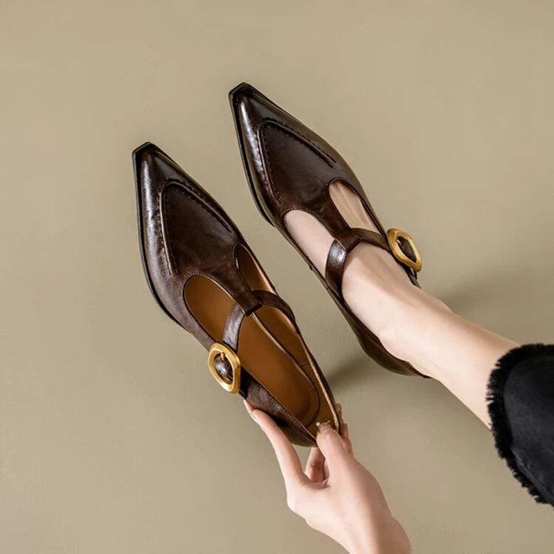 New Autumn/spring Pumps Split Leather Shoes for Pointed Toe Kitten Heel Shoes Soft Retro Buckle Mary Jane Shoe