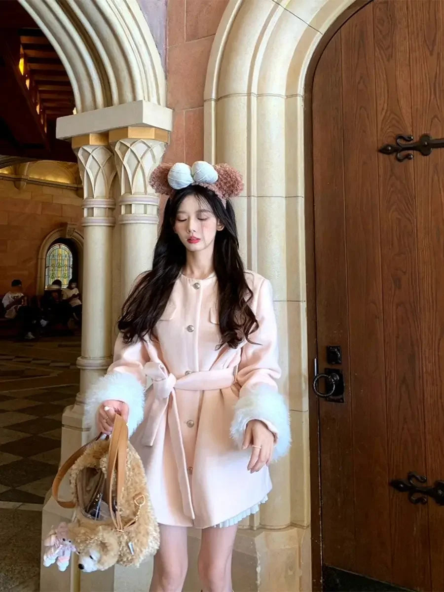 Pink Wool Coat Clothing Winter Coat Thickt Temperament Fur Collar Lace Up Slimming Aline Mid Length Top Winter Clothes