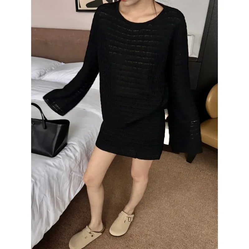 Autumn New Oneck Color All Match Hollow Flare Sleeve Sweater + High Waist Knitted Skirt Twopiece Suit