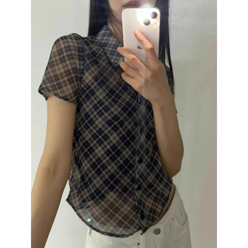 Korean Contrast Color Plaid Shortsleeved Shirt Summer New Polo Collar Multibutton Seethrough Crop Tops