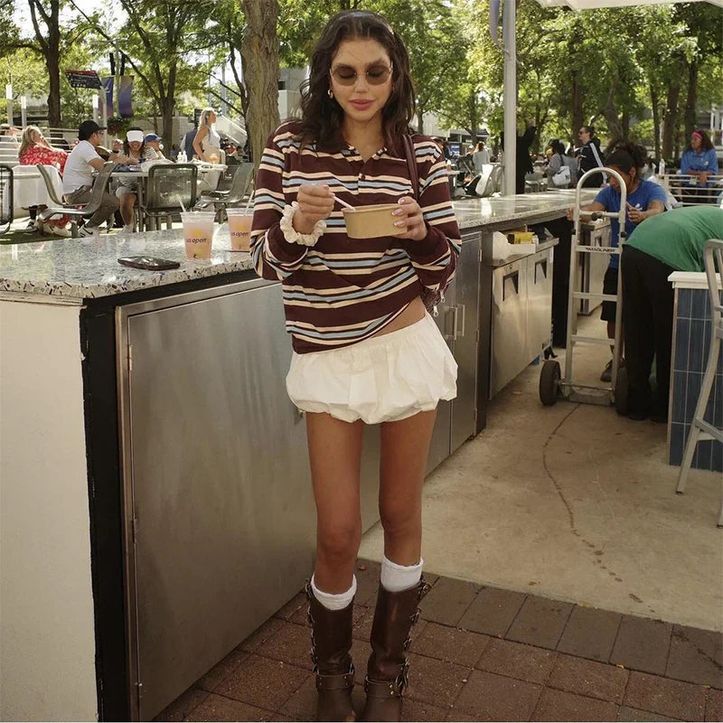 Stripe T-shirt Short Sleeve Female All Match Polo Shirts Summer New Loose Tops High Street