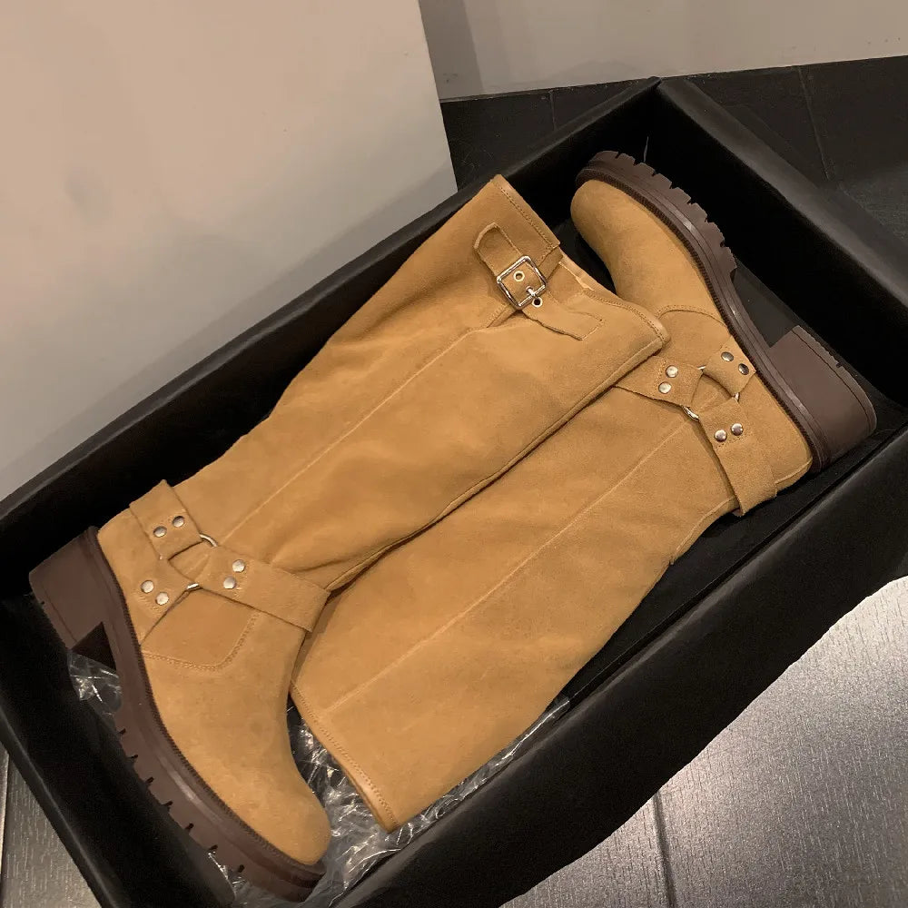 Natural Suede Leather Slipon Autumn Knee High Boots Thick Sole Platform Flats Winter Long Boots Metal Buckle Punk Shoes