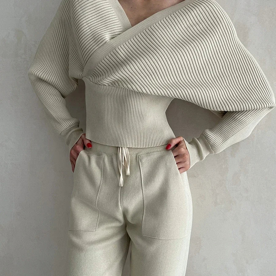 Knit Vneck Pullover 2 Pieceset for Patchwork Sweater and High Waist Drawstring Pants Sets Outfits