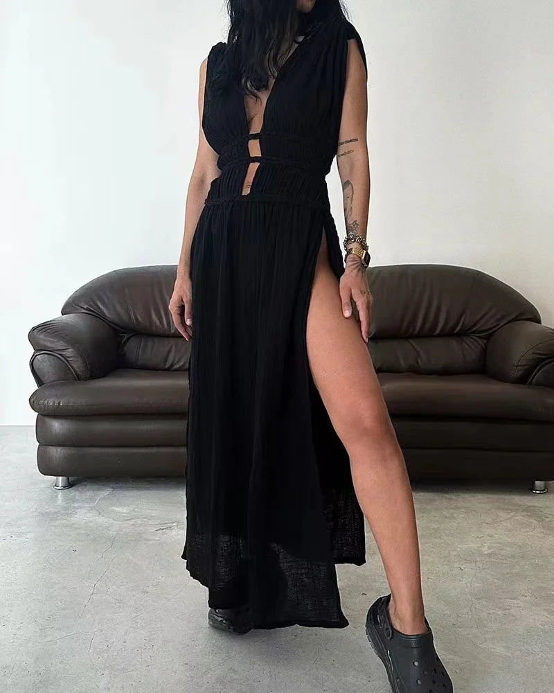Deep Vneck Party Dress Summer Loungewear Sleeveless Maxi Dress Hollow Out Dress Vestidos