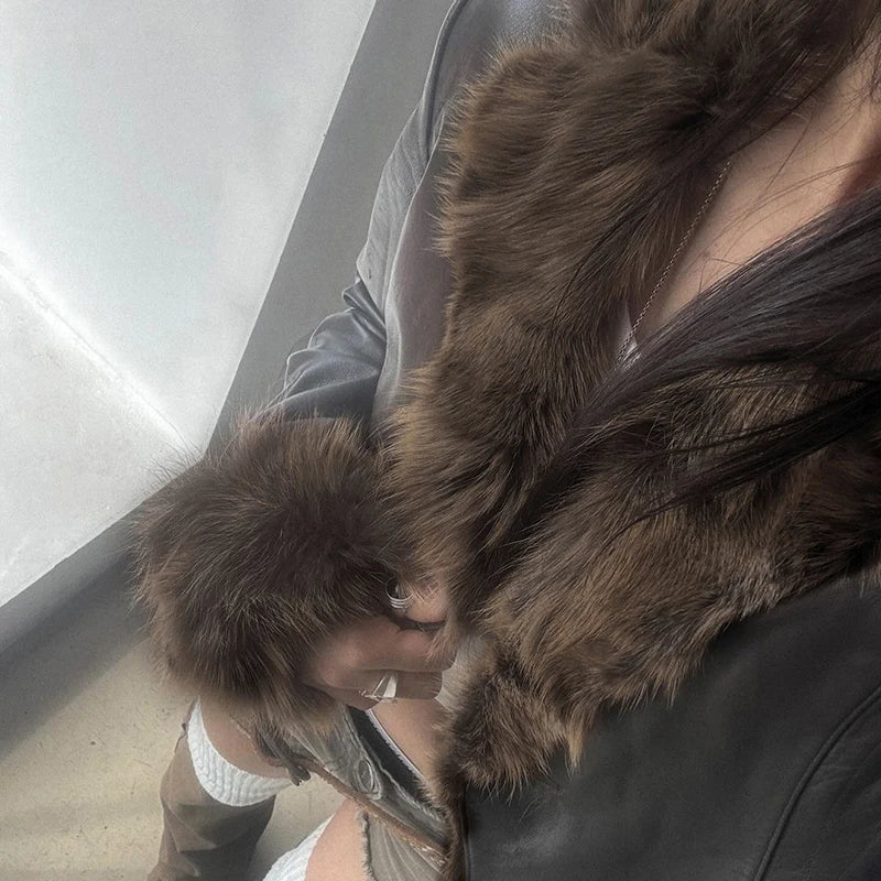 Faux Leather Fur Turndown Collar Jacket Korean Stylish Winter Cardigan Coat Punk 90s Outwear Fall