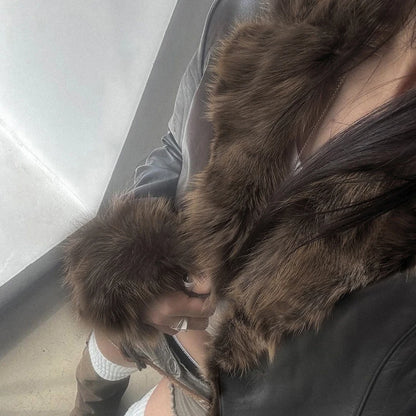 Faux Leather Fur Turndown Collar Jacket Korean Stylish Winter Cardigan Coat Punk 90s Outwear Fall