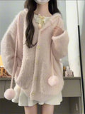 Sweater Sweet Furry Hooded Long Sleeve Loose Stretch Single Breasted Pockets Ball Drawstring Knitted Cardigan