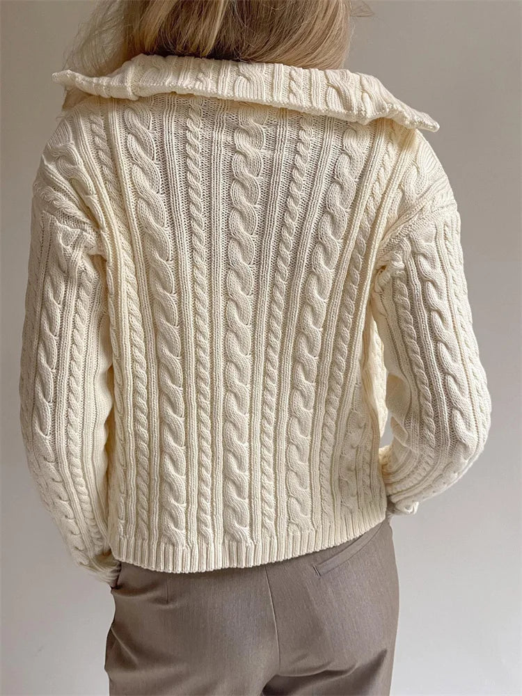 Knit Sweater Cardigan for Patchwork Winter Long Sleeve Lapel Zipper Outwear Knitwear Female New
