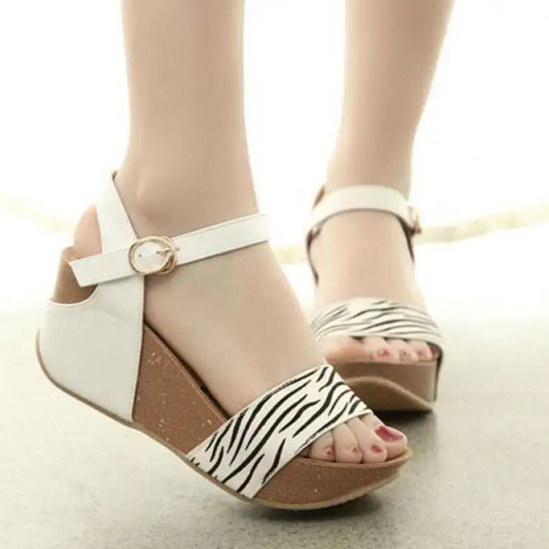Summer New Genuine Horsehair Highheeled Thicksoled Leopardprint Roman Slopeheeled Sandals 32 33 Small Size Shoes