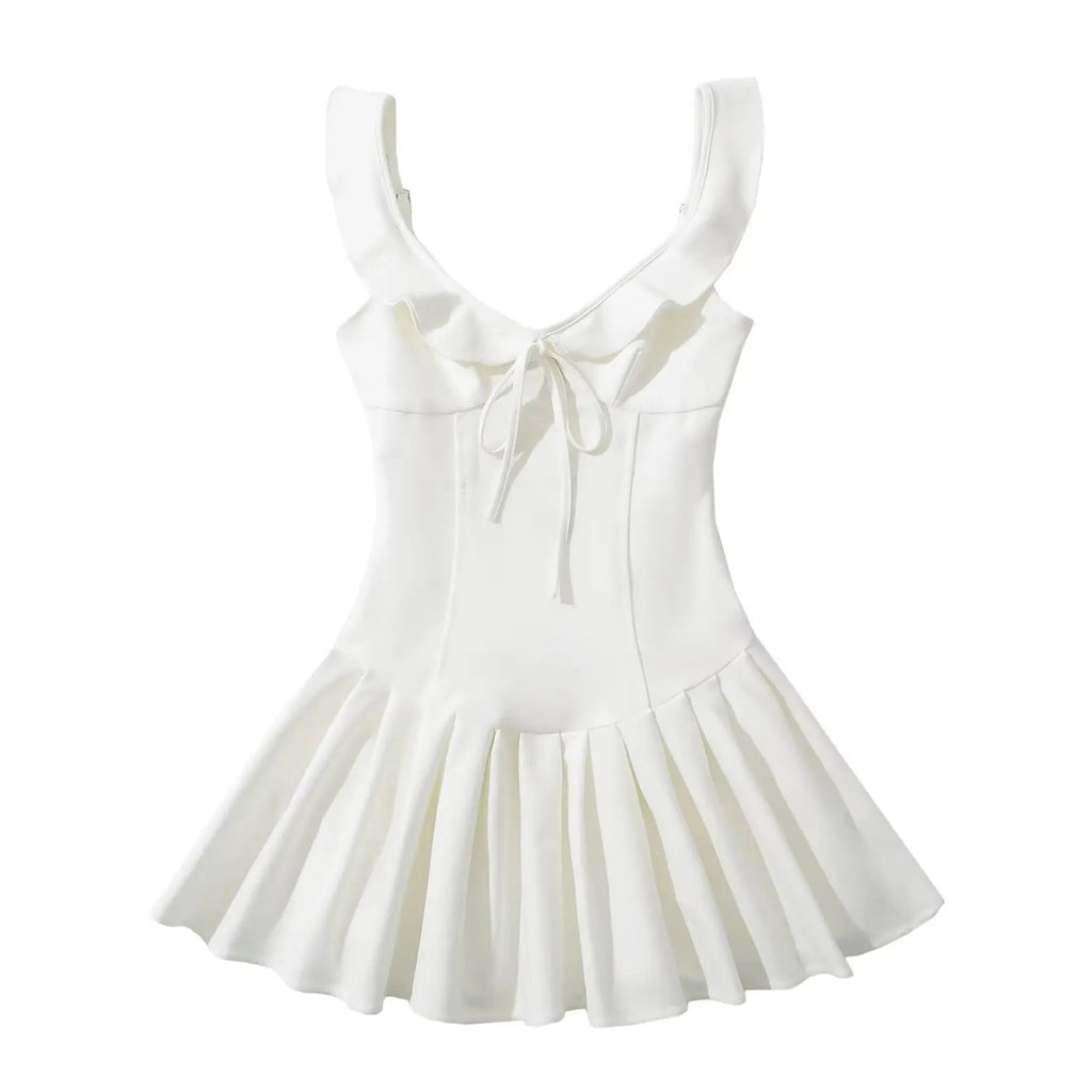 Summer Clothes Mini Dress Ruffle Dress Vacation Dresses Pleated Slim Waist Bow Tie