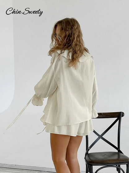 Loose Ruffles Shorts Set for 2 Pieces V Neck Hollow Out Shirts Wide Leg Short Pants Spring Summer Lady White Suit