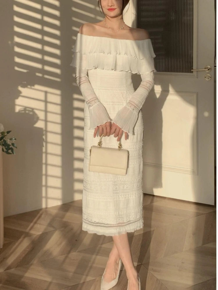 White Midi Dress Office Lady Long Sleeve Beach Party Bodycon Dress Summer One Piece Dress Korean