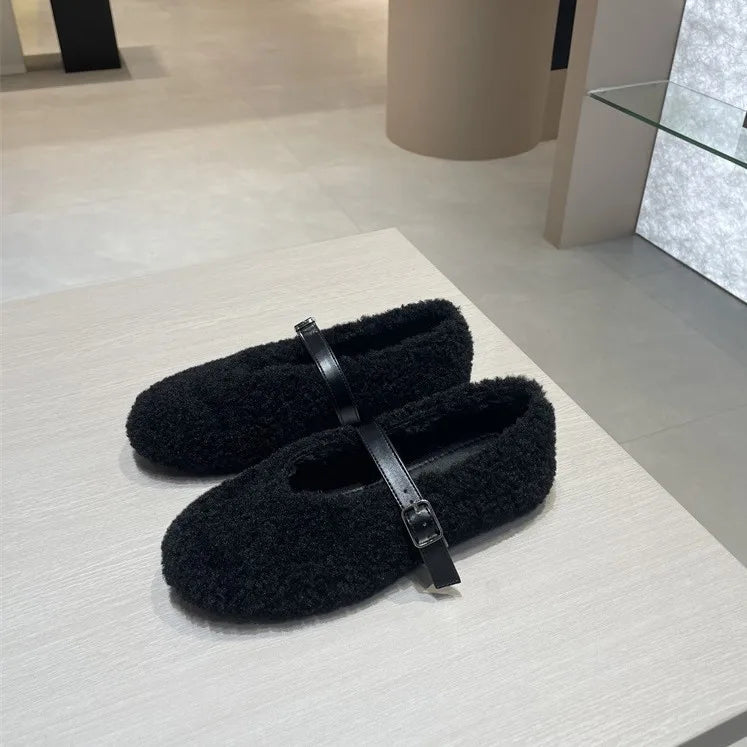 New Foreign Trade Hairy Shoes for , Mary Jane Shoes, Sheep Fur One Step Shoes, Red Single Shoes