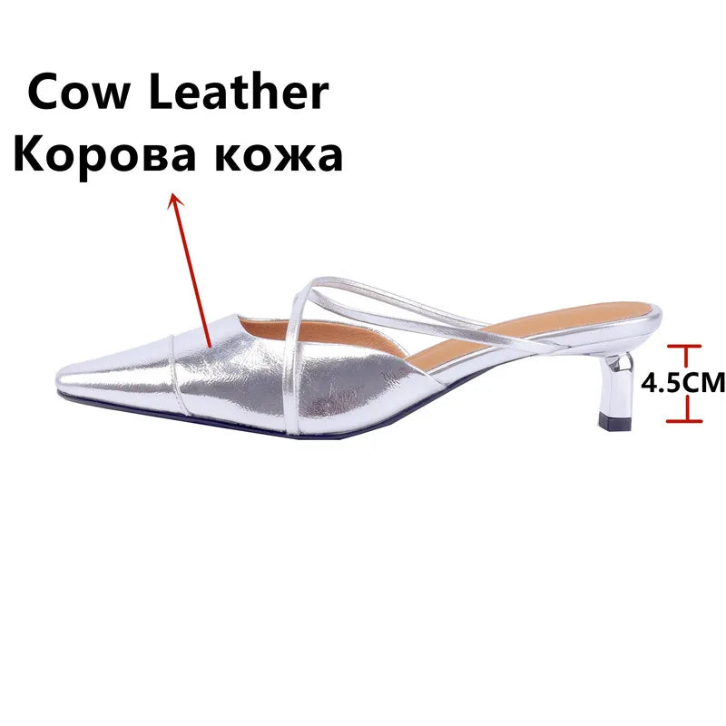 Spring Summer Sandals Party Genuine Leather Thin Heels Mules Slippers Narrow Band Shoes Woman