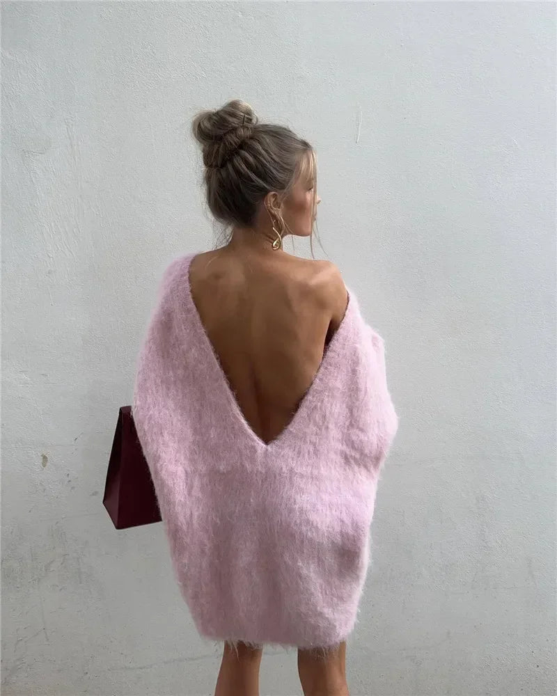 Trendix Loose Backless Knit Pullover for Off Shoulder Long Sleeve Sweater Femme Knitwear Cover-up