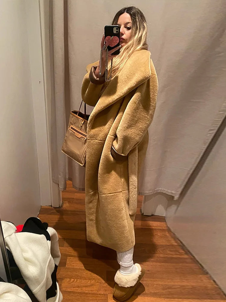 Furry Faux Fur Long Coats With Belt Big Lapel Long Sleeve Pocket Plush Overcoats Lady Winter High Street Outwear