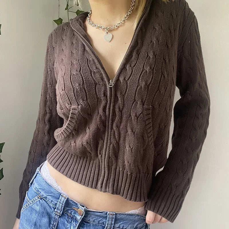 Brown Y2k Hooded Sweaters Autumn Winter Lantern Sleeve Zip Up Jacket Cardigan Knitted Hoodies Cropped Cardigan