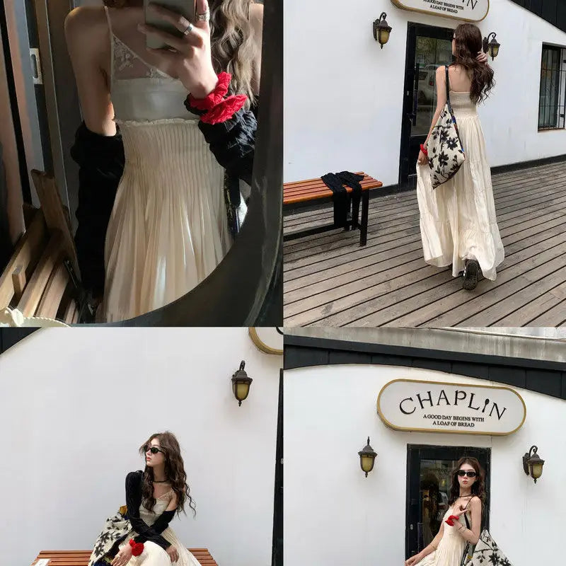 French Lace Spliced Black Slip Dress Summer New High End Sleeveless Waist Slimming Aline Long Dress for
