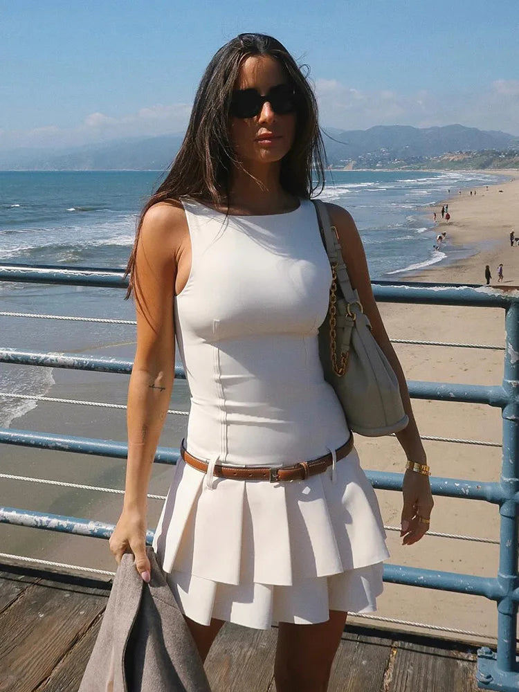 Woman Tank Dress High Waist Pleated Aline Dresses With Belt Sleeveless Slim Fit Mini Dress